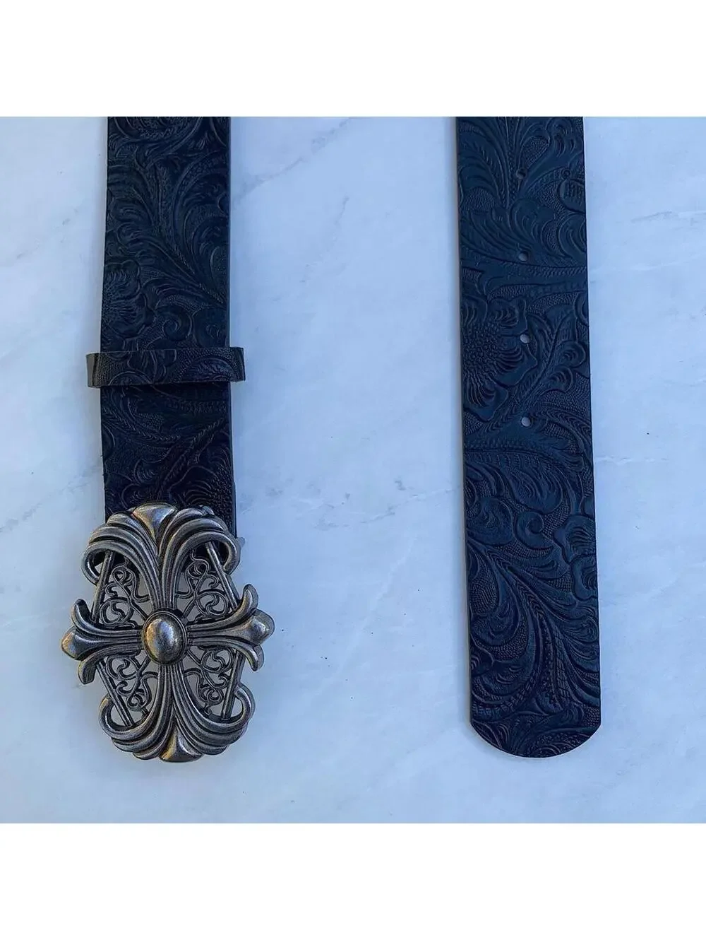 Y2k style Gothic Cross Chrome Silver black floral belt. Very cool unique belt.